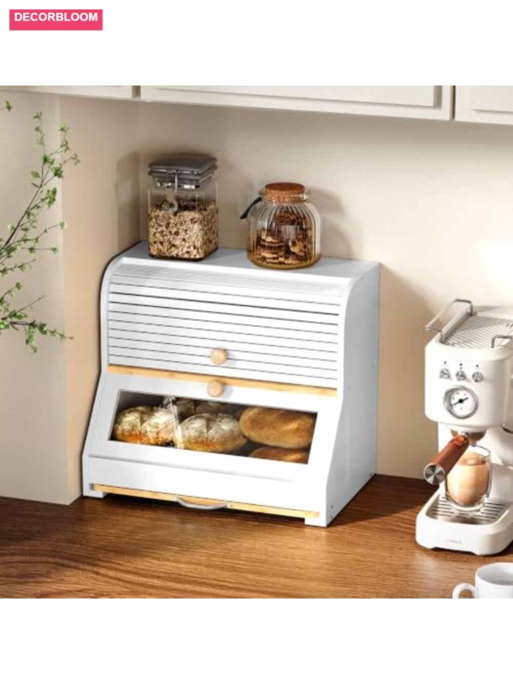 Roll Top Bamboo Bread Box with Cutting Board, Large Capacity 2 Tier